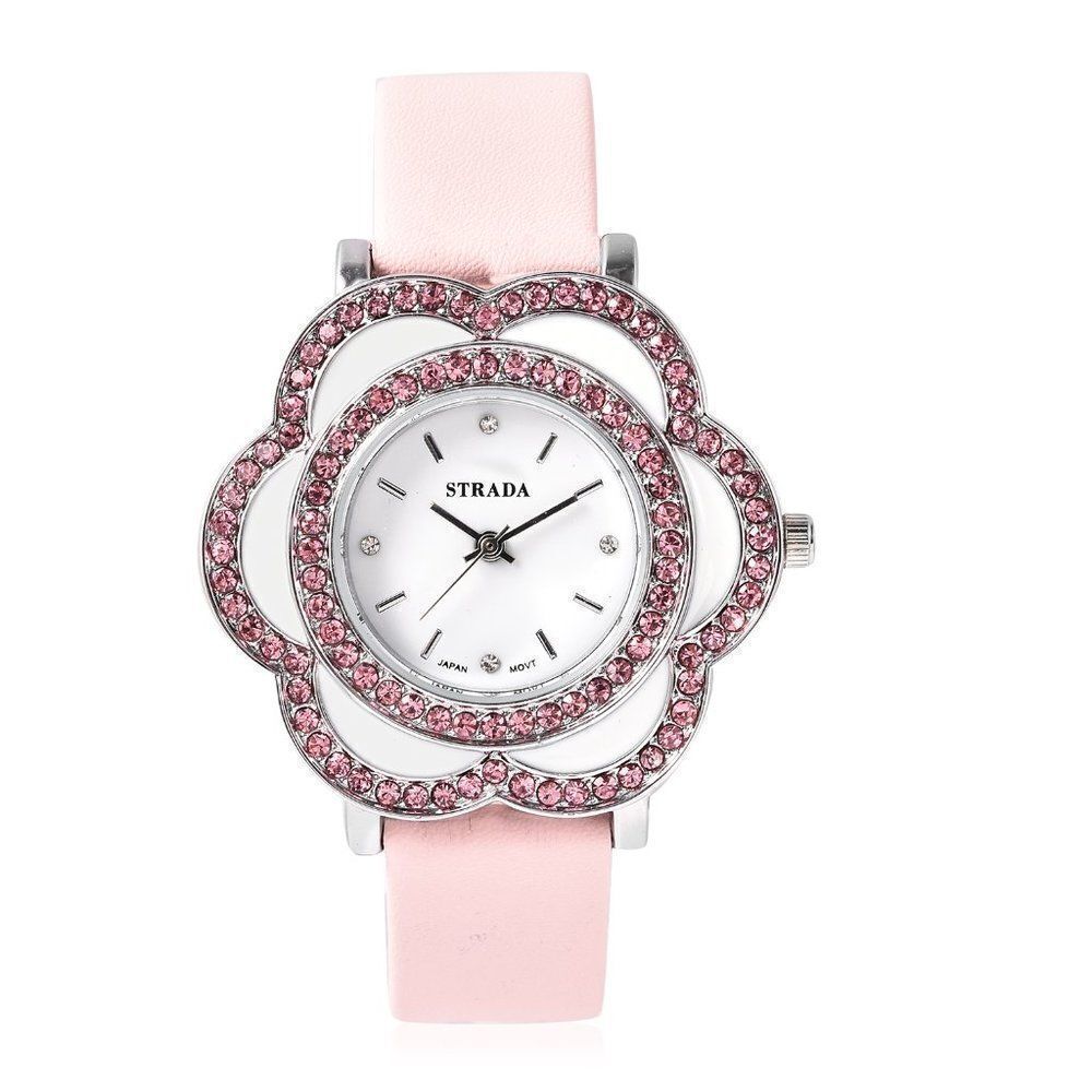 STRADA Watch Austrian Crystal Faux Leather Band Pink